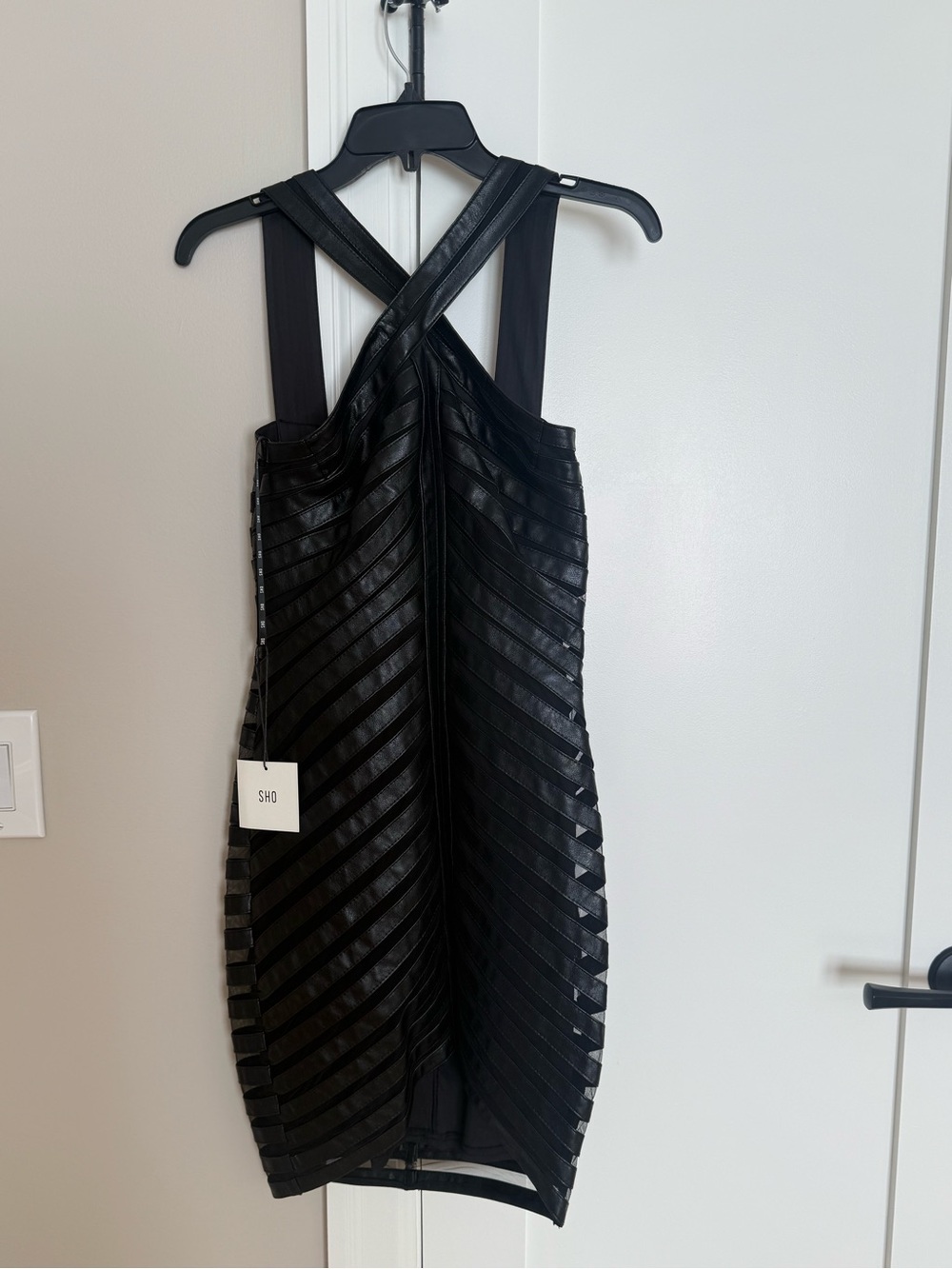 Tadashi Shoji Black Strappy Cross-Back Mini Dress Faux Leather + Mesh